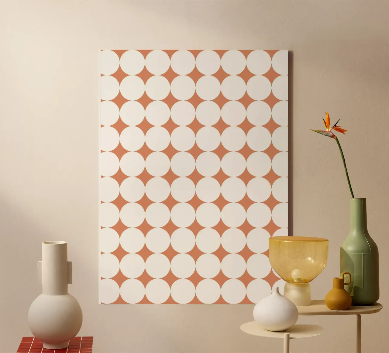 Minimal Geometric Scandi Circle | White on Terracotta Orange tela con Cornice a cassetta da Beauty in Simplicity