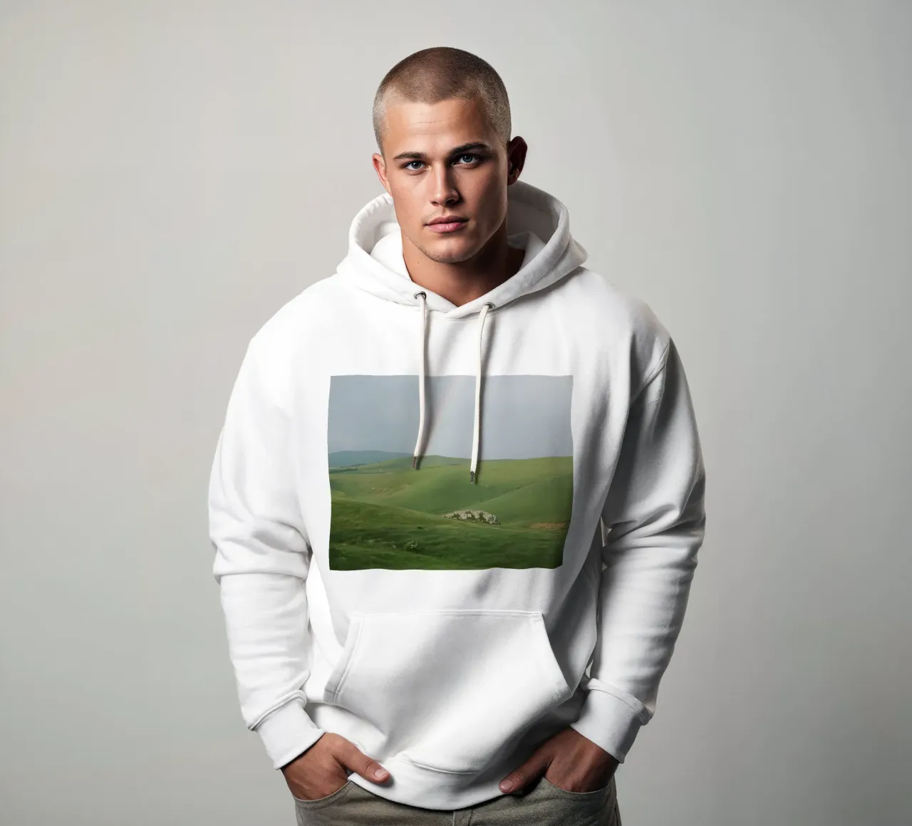 Colline verdi con arcobaleno e rocce felpa con cappuccio da DesignDoodle
