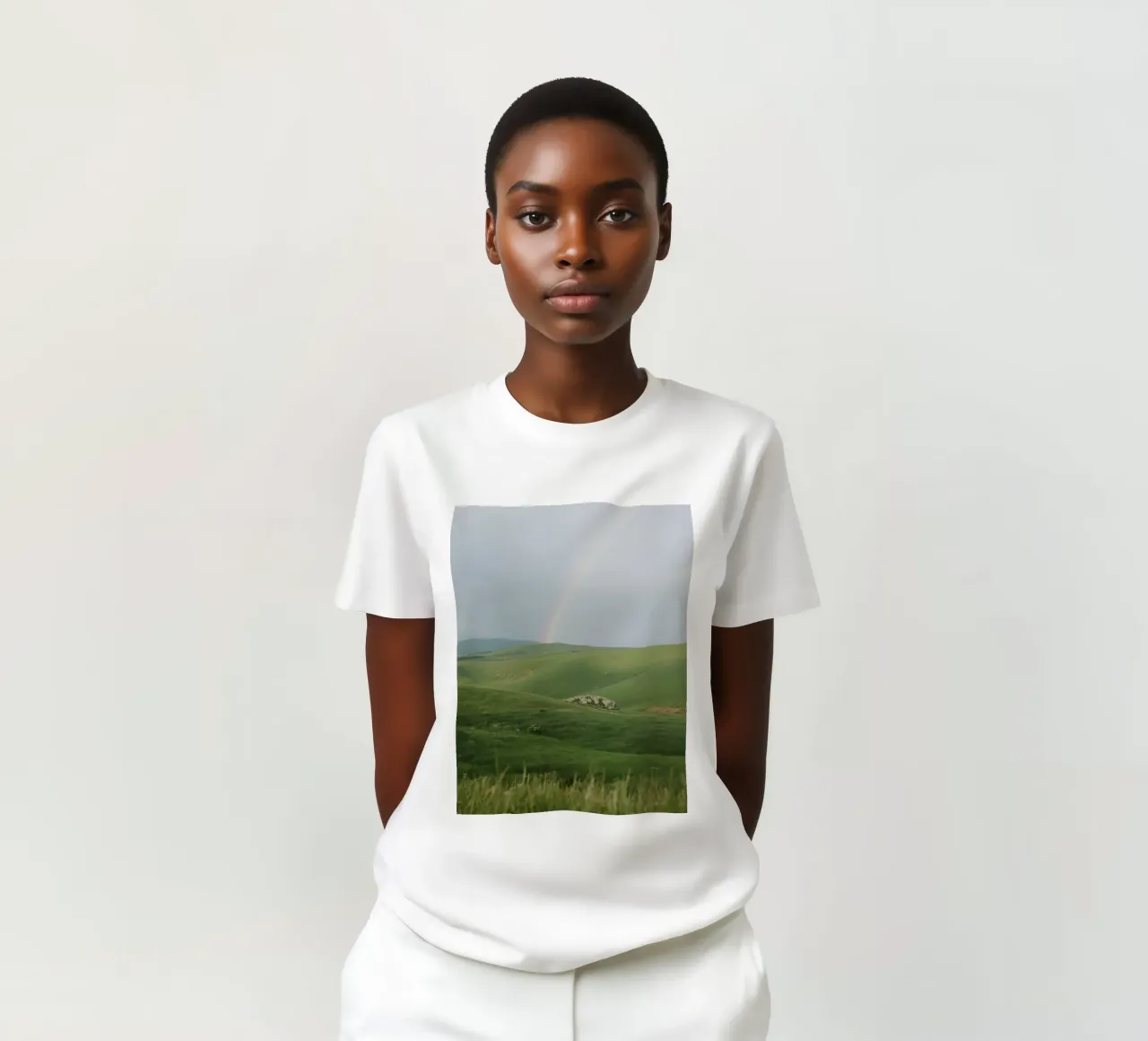 Colline verdi con arcobaleno e rocce t-shirt da DesignDoodle