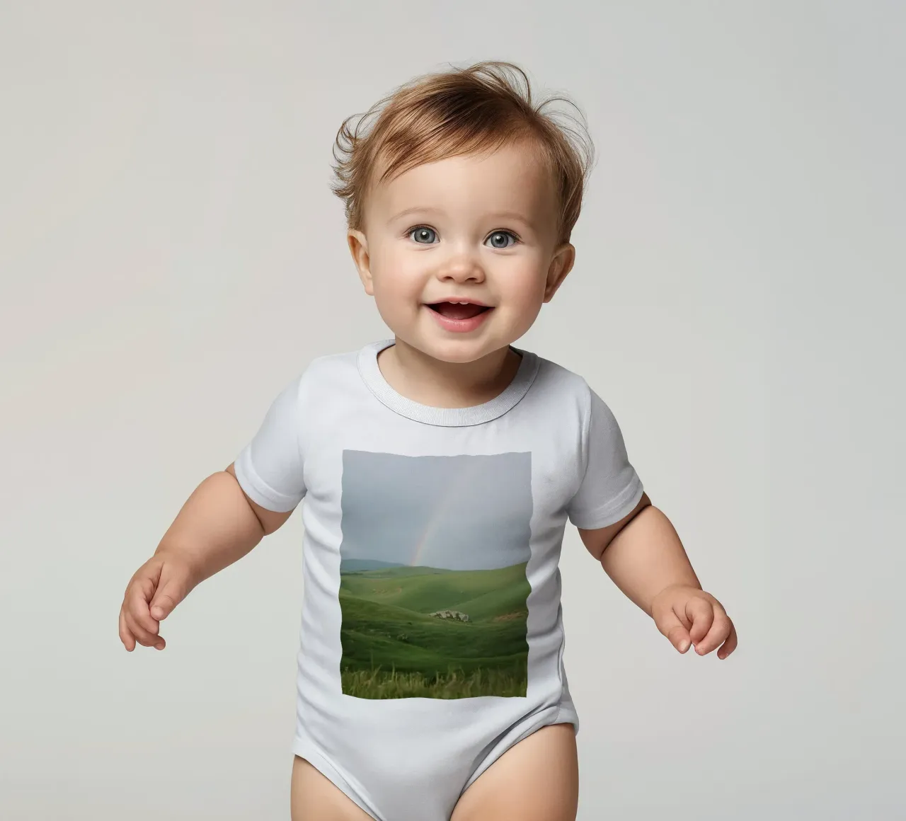 Colline verdi con arcobaleno e rocce body neonato maniche corte da DesignDoodle