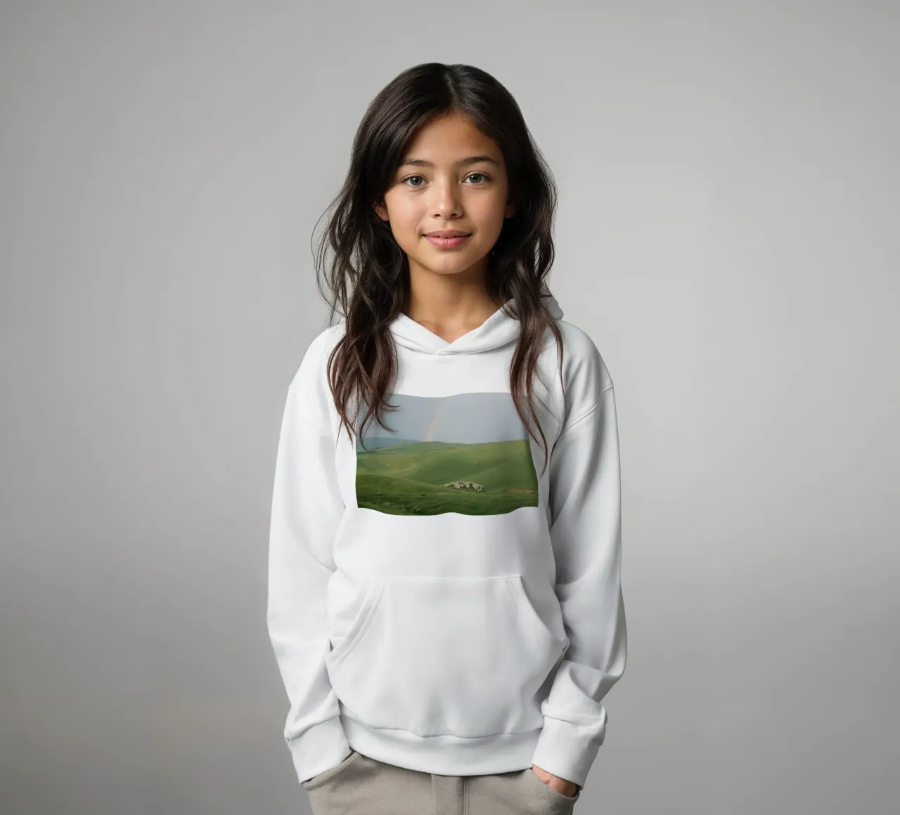 Colline verdi con arcobaleno e rocce felpa bambino con cappuccio da DesignDoodle