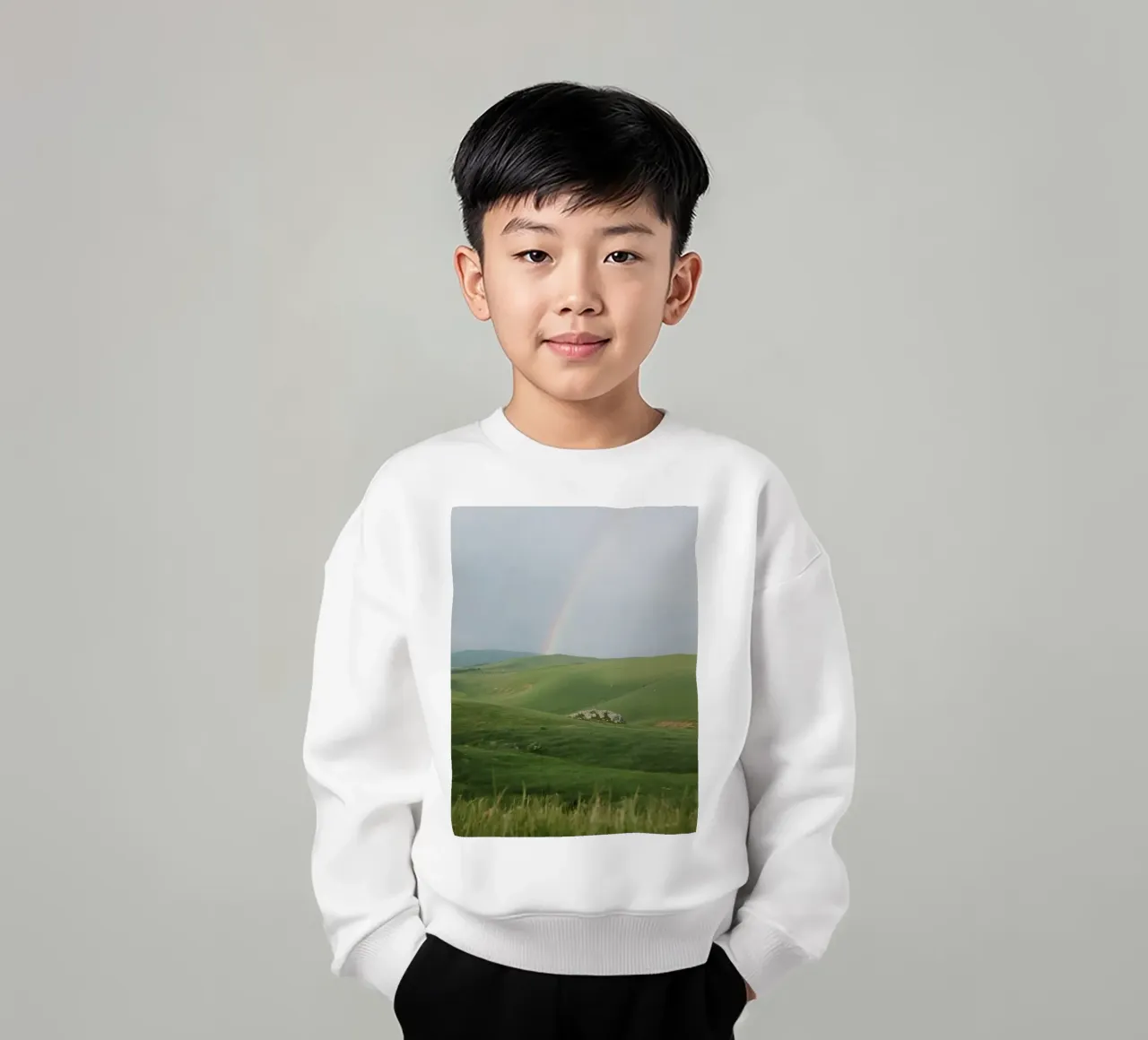 Colline verdi con arcobaleno e rocce felpa bambino da DesignDoodle