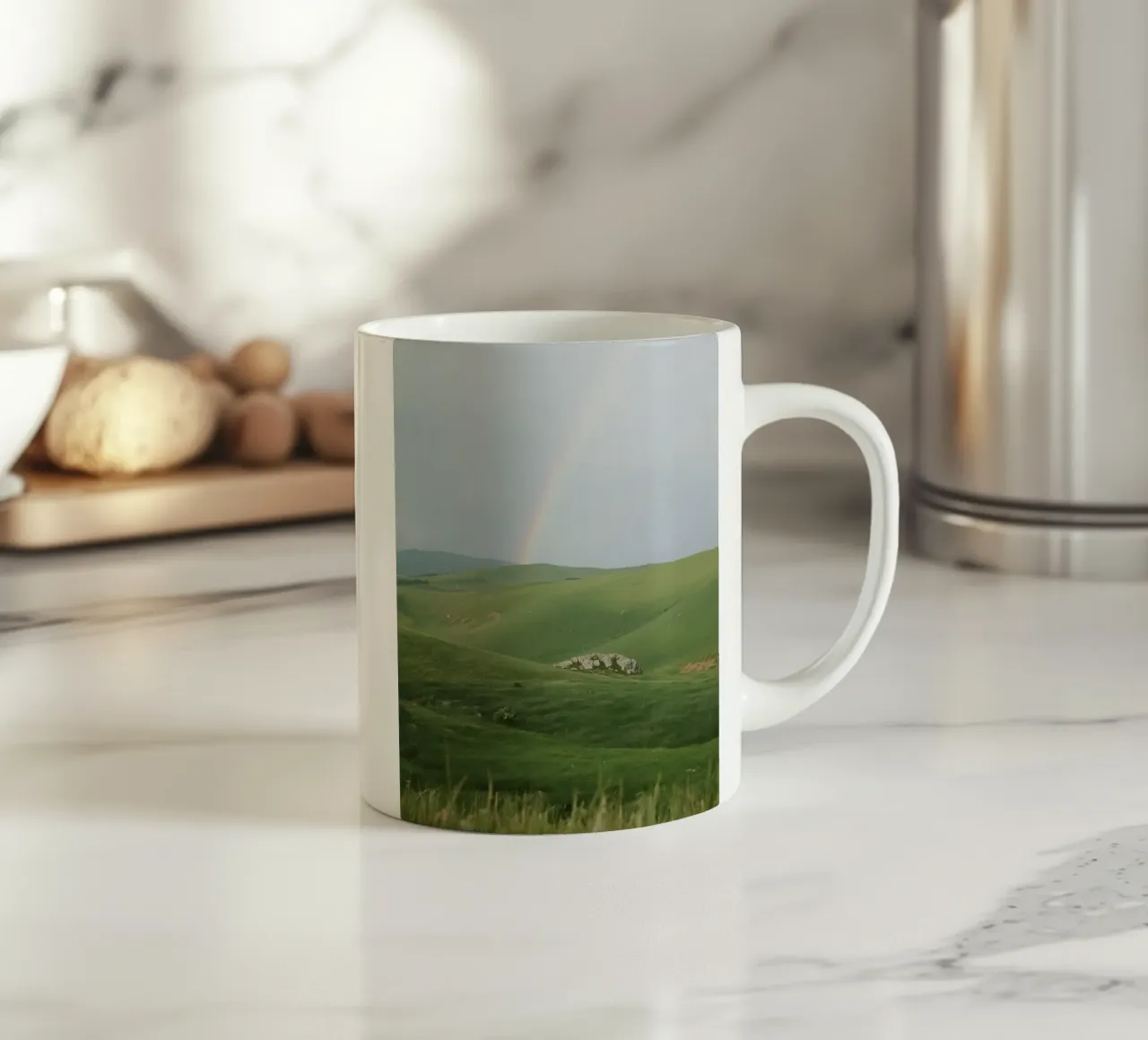 Colline verdi con arcobaleno e rocce tazza in ceramica da DesignDoodle