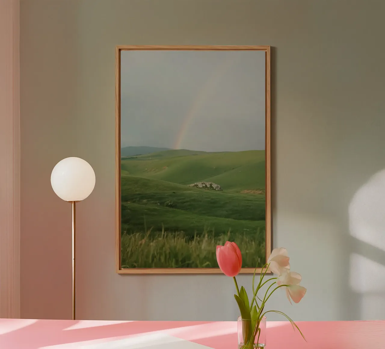 Colline verdi con arcobaleno e rocce alluminio dibond da DesignDoodle
