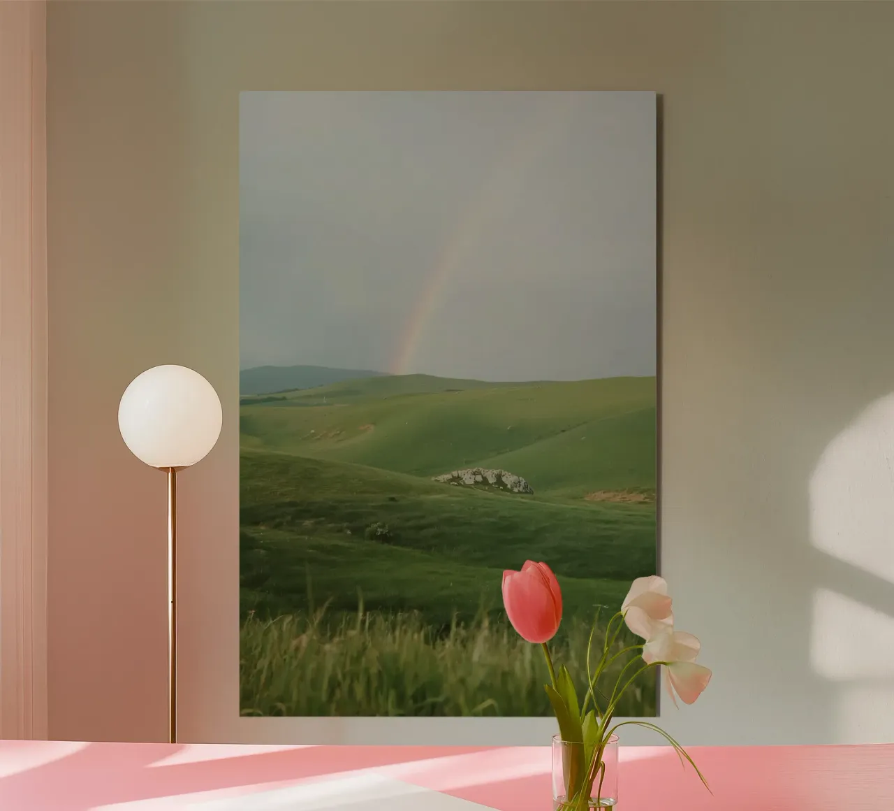Colline verdi con arcobaleno e rocce alluminio dibond da DesignDoodle