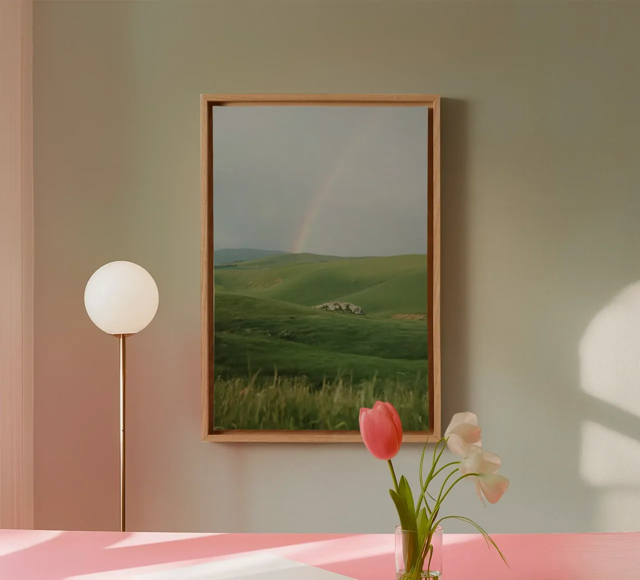 Colline verdi con arcobaleno e rocce tela da DesignDoodle