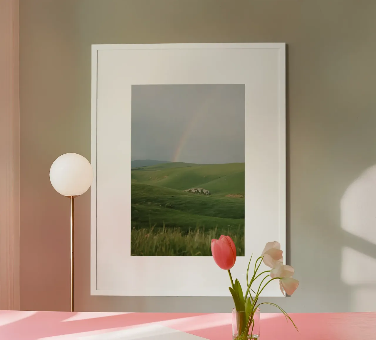 Colline verdi con arcobaleno e rocce carta hahnemühle da DesignDoodle