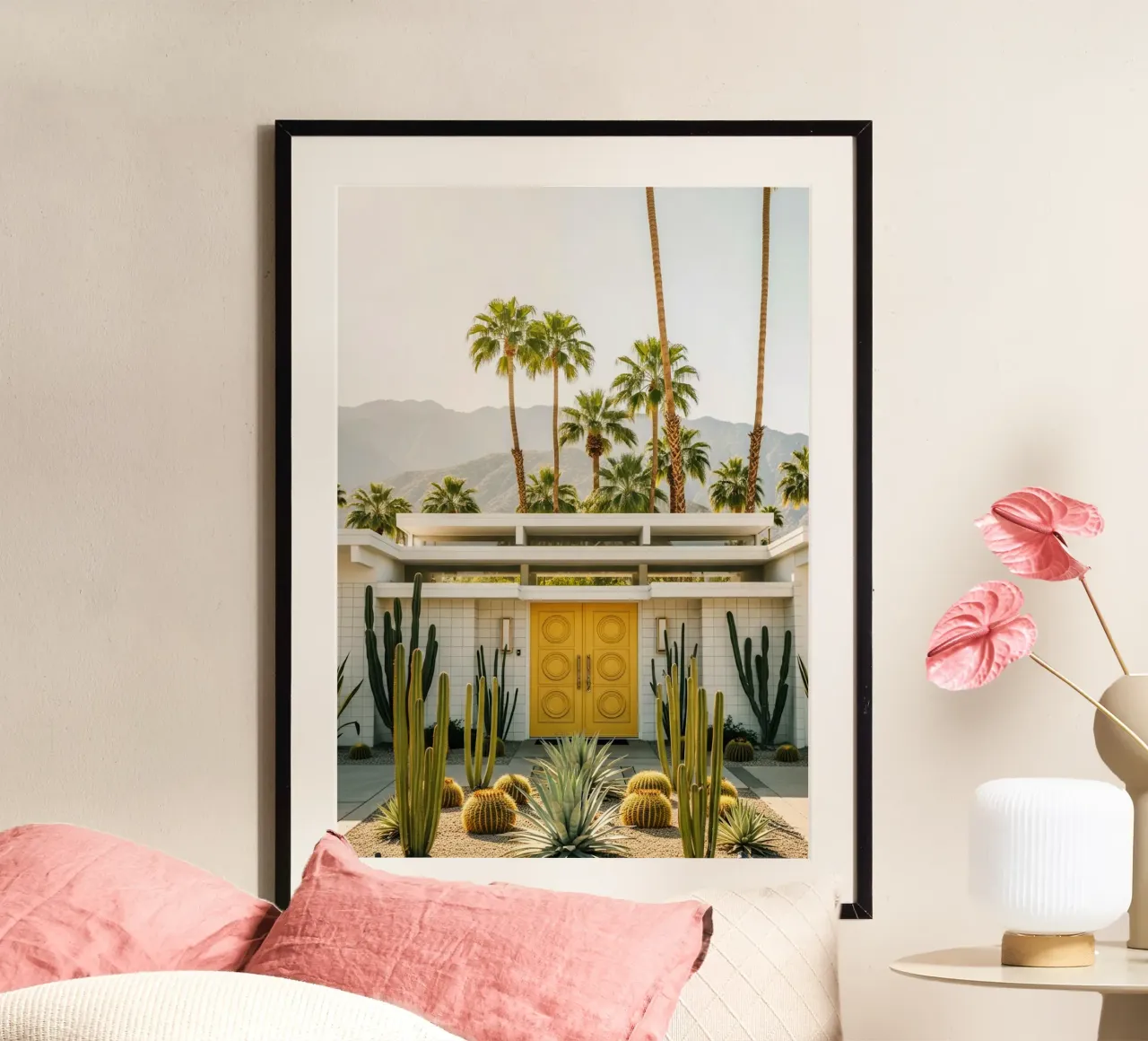 Palm Springs Yellow Door Bungalow poster with aluminum frame by Attaboy Dsgn