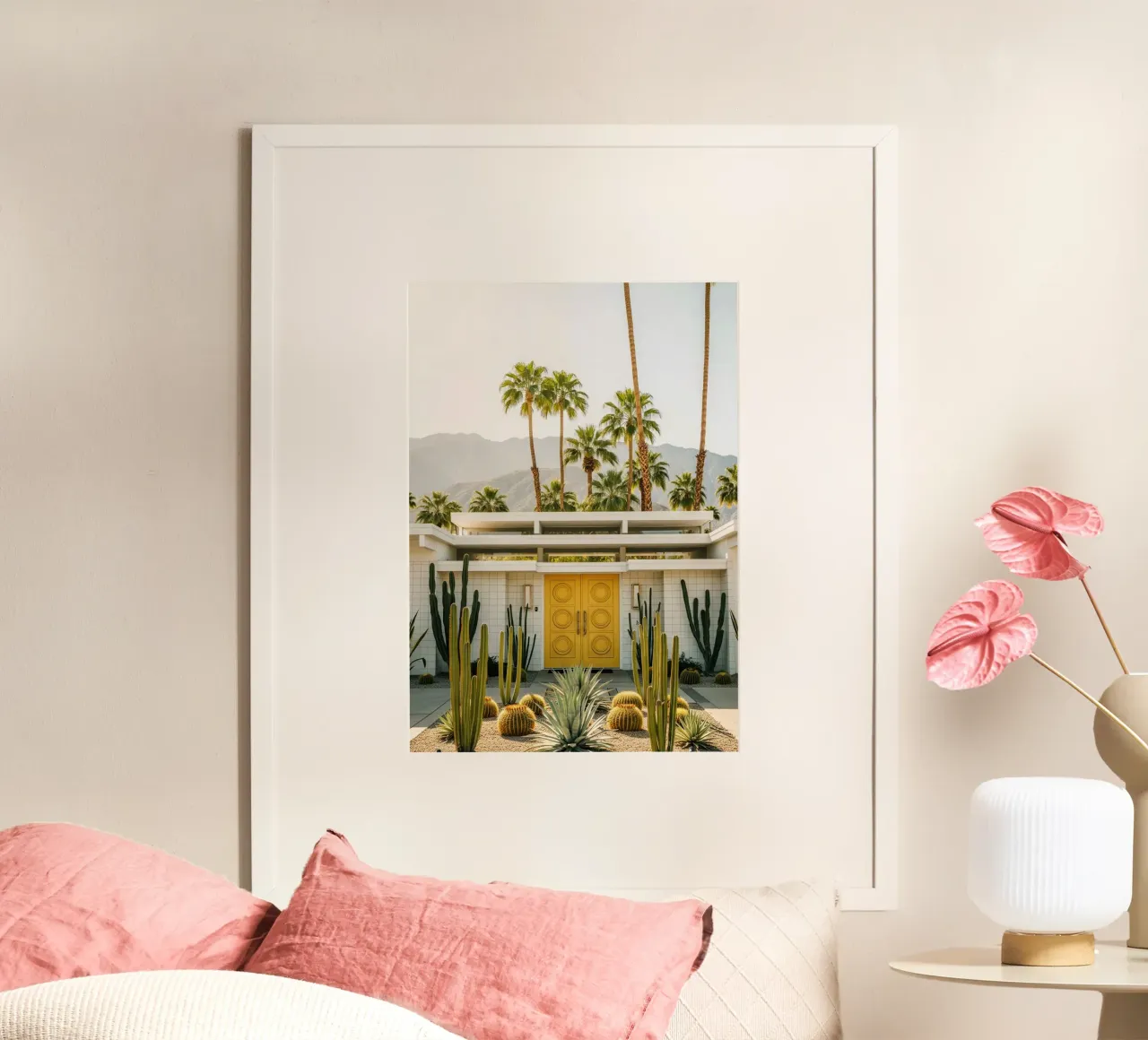 Palm Springs Yellow Door Bungalow poster with aluminum frame by Attaboy Dsgn