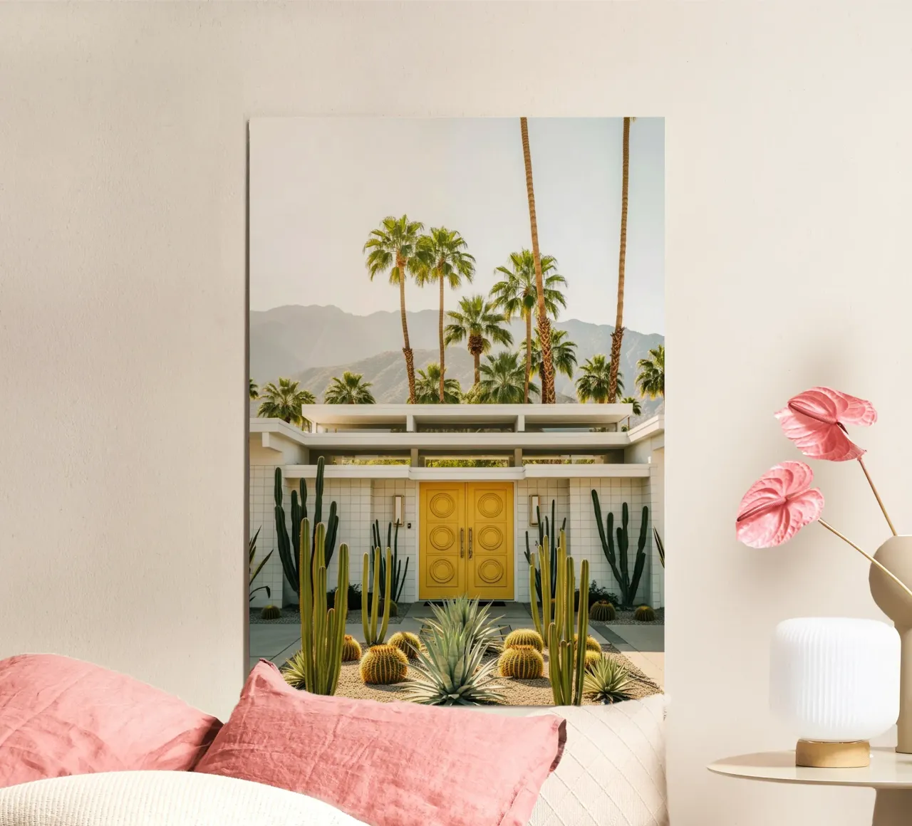 Palm Springs Yellow Door Bungalow poster with aluminum frame by Attaboy Dsgn