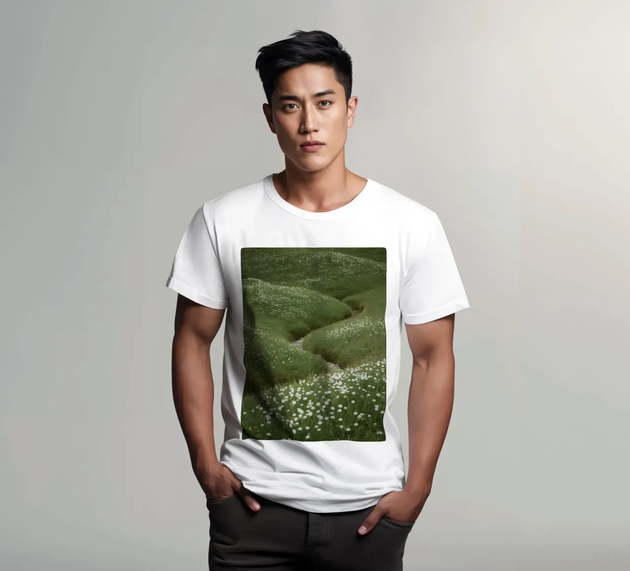 Verdi colline ondulate con ruscello e fiori selvatici t-shirt da DesignDoodle