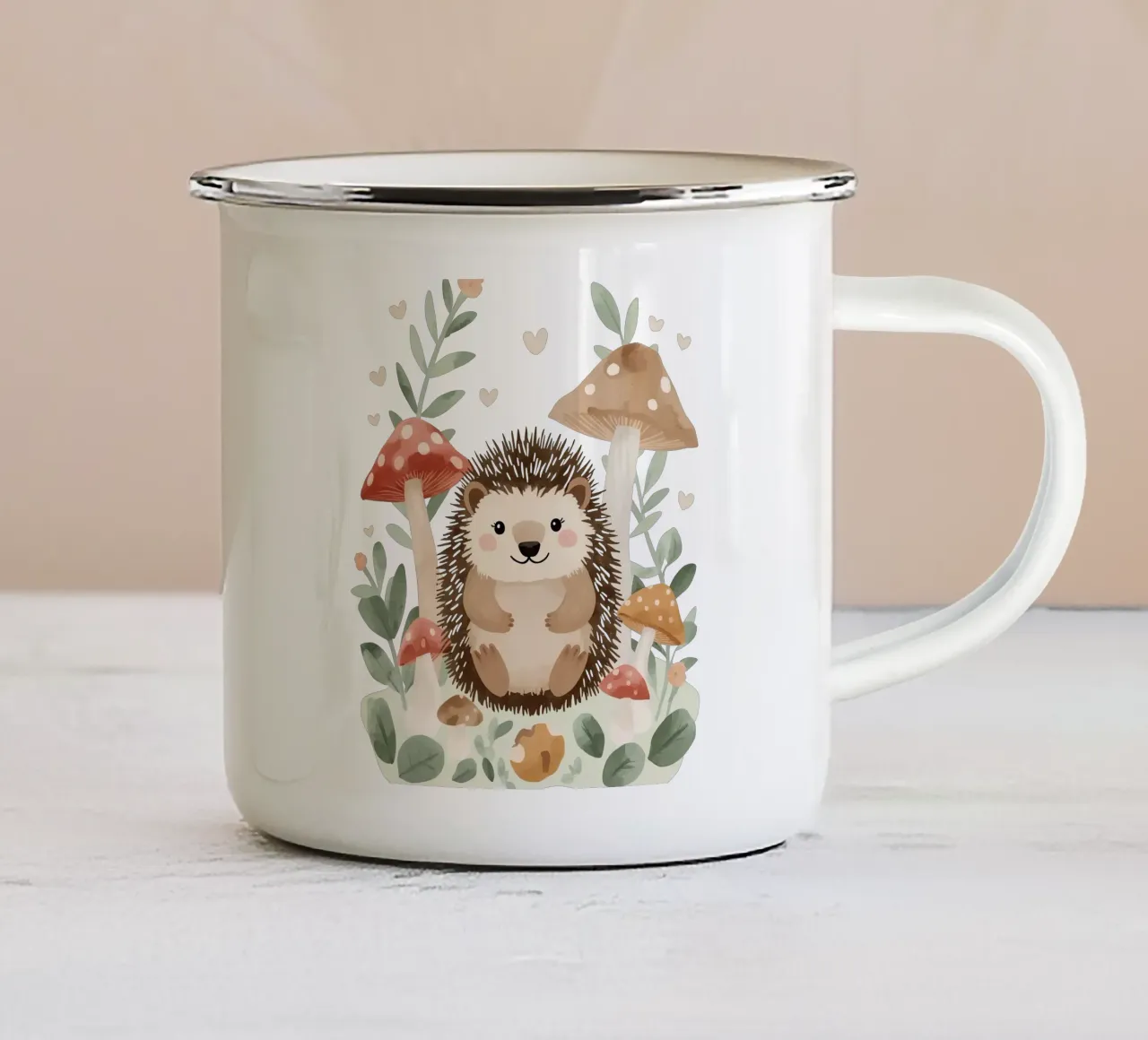 Riccio con funghi e foglie tazza in smalto da DesignDoodle