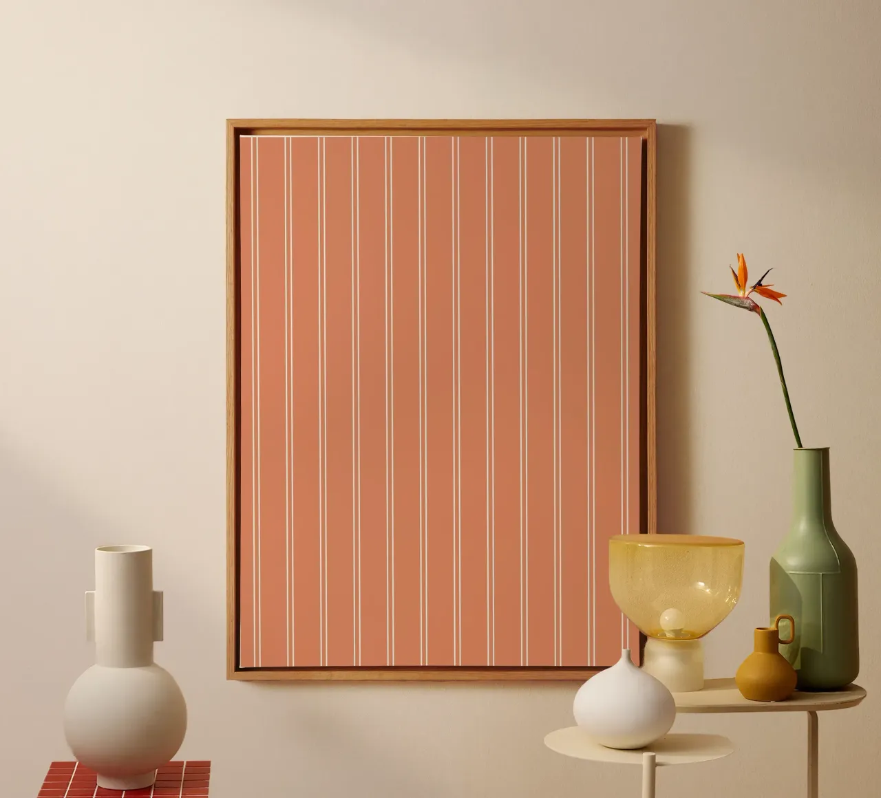 Doppie strisce minimaliste di base, bianco su arancione terracotta tela con Cornice a cassetta da Beauty in Simplicity