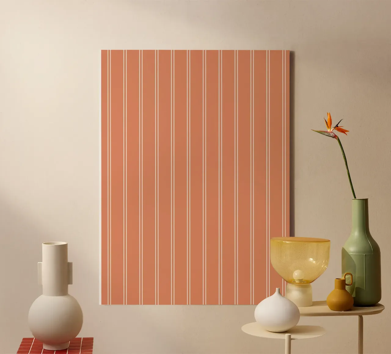 Doppie strisce minimaliste di base, bianco su arancione terracotta tela con Cornice a cassetta da Beauty in Simplicity