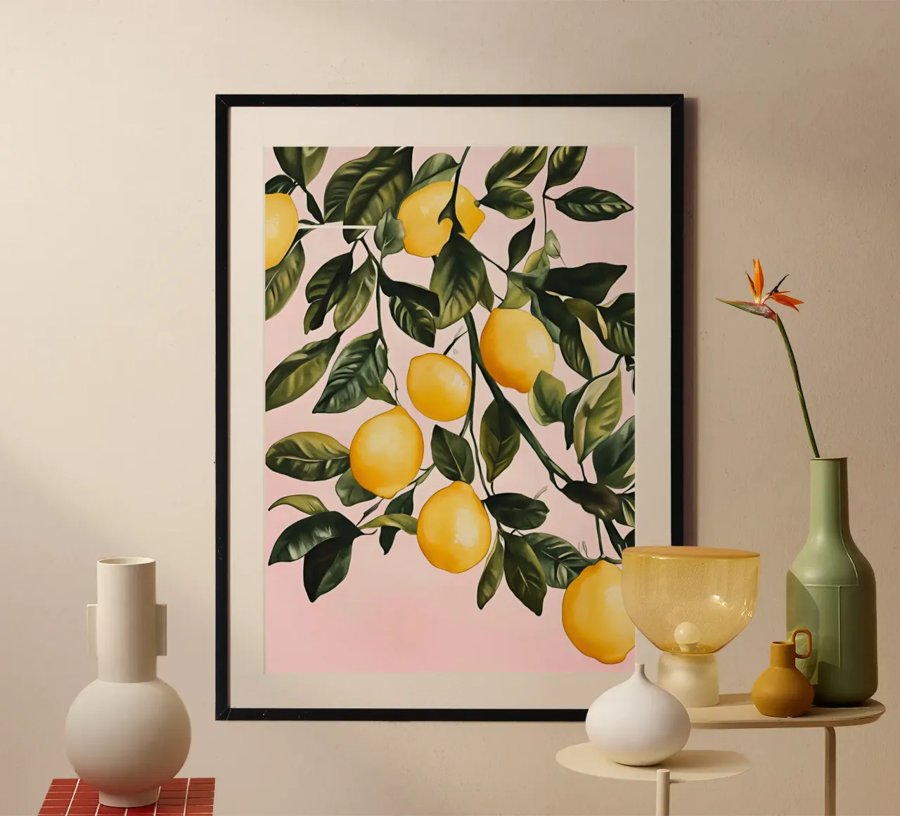 Lemon Tree Branches Pink Background Citrus Art poster by dawnthesea
