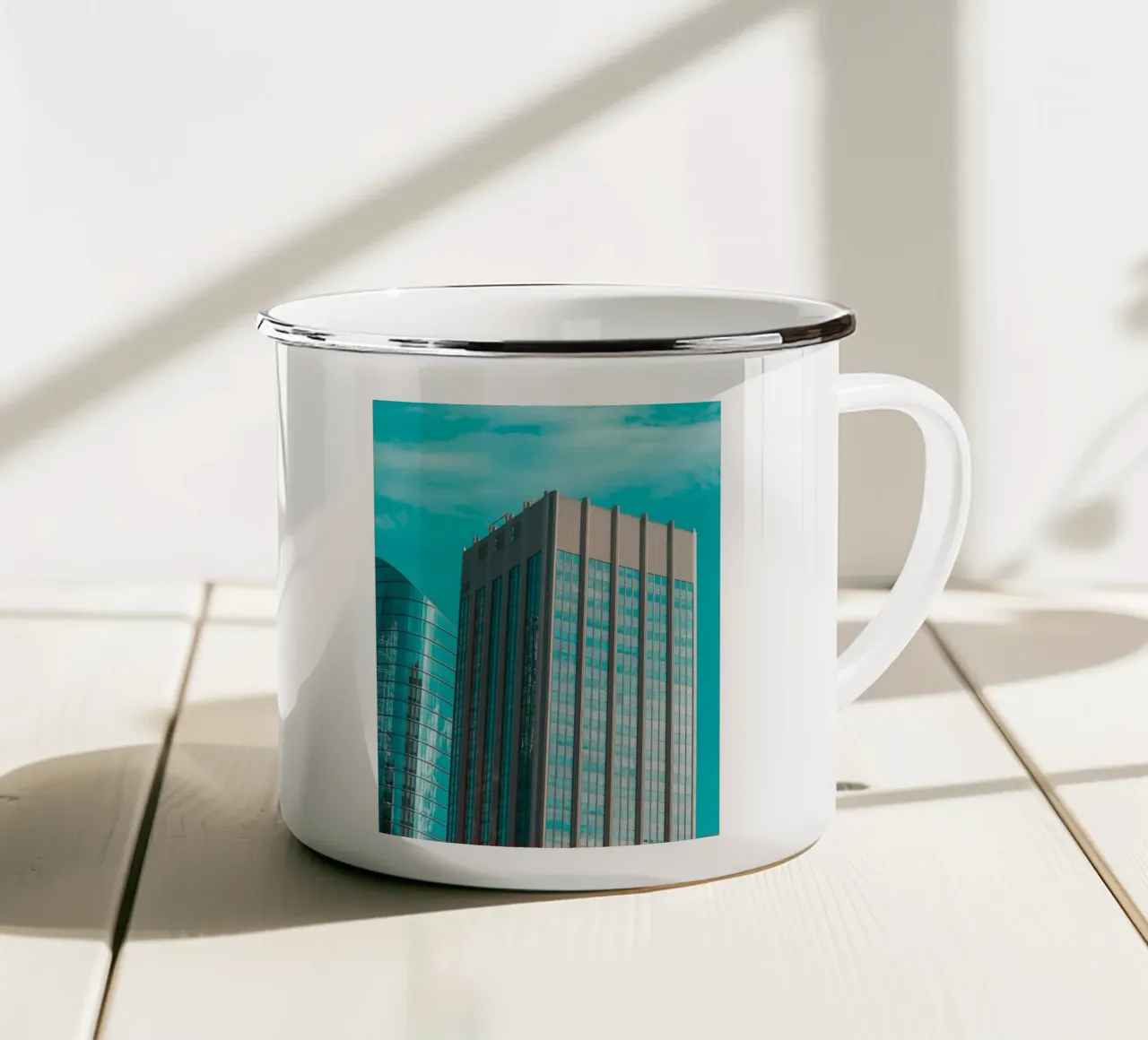 light on blue sky building tazza in smalto da comura