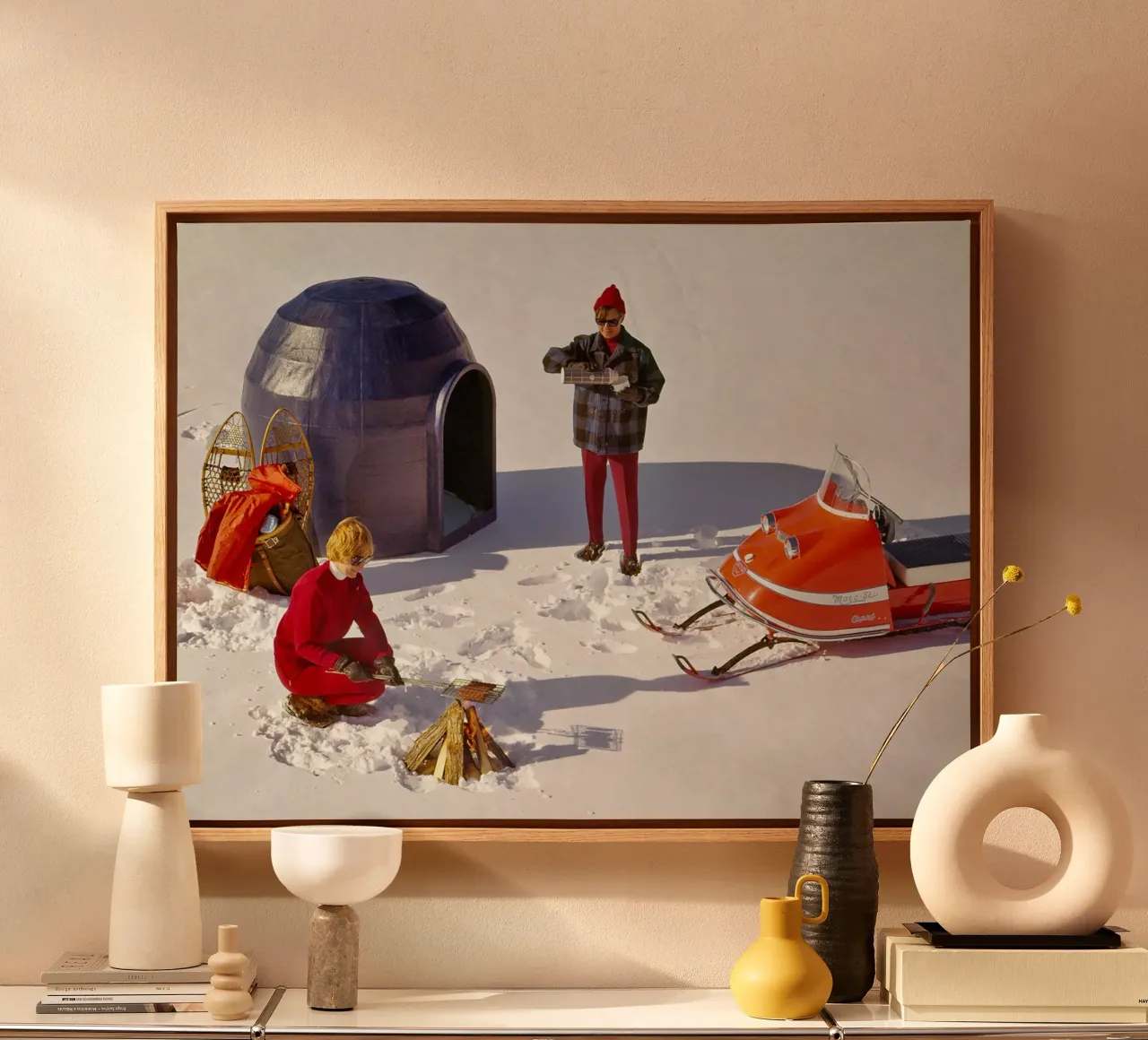 Retro camping with prefab igloo, 1970s canvas by Christie