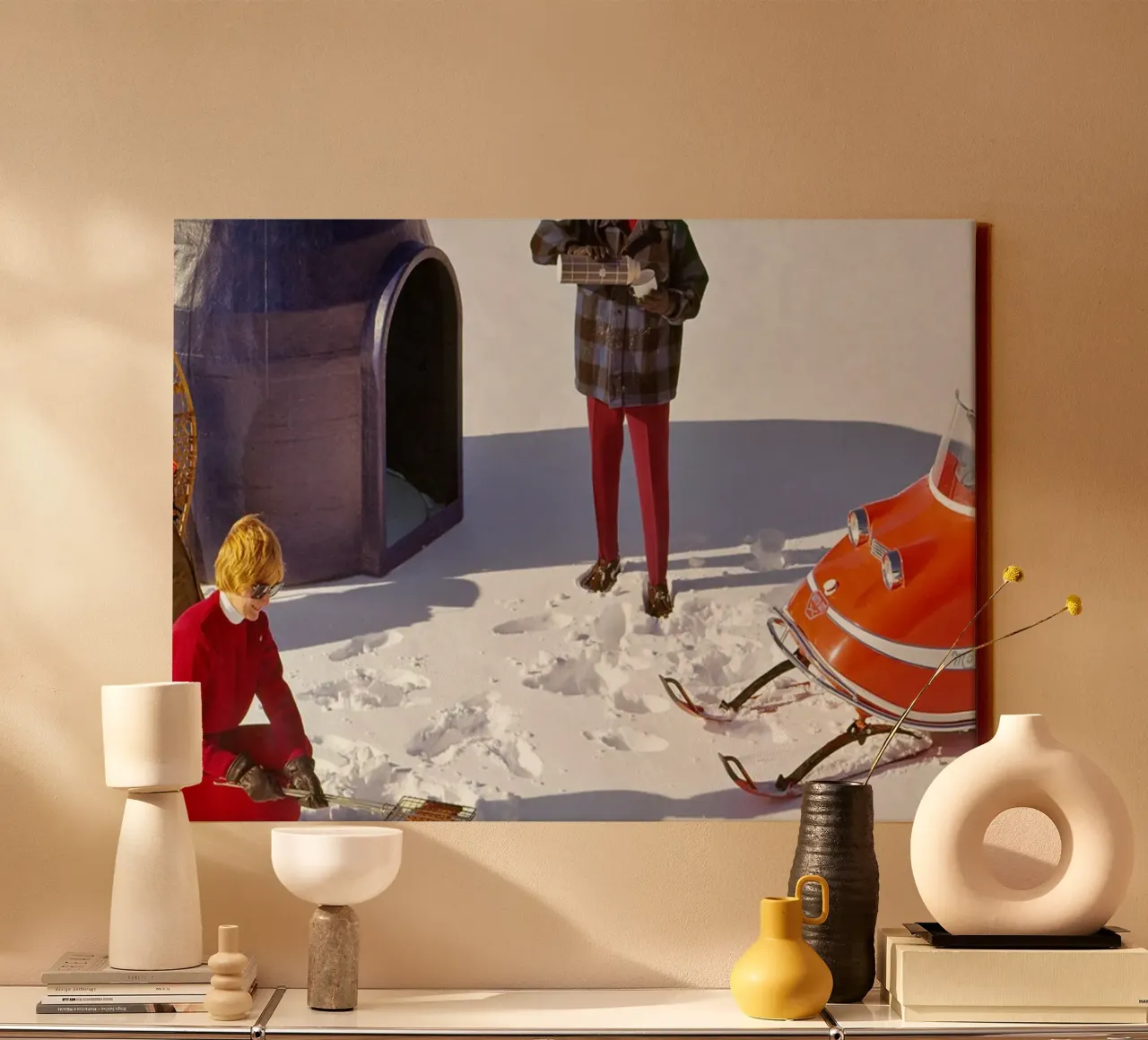 Retro camping with prefab igloo, 1970s canvas by Christie