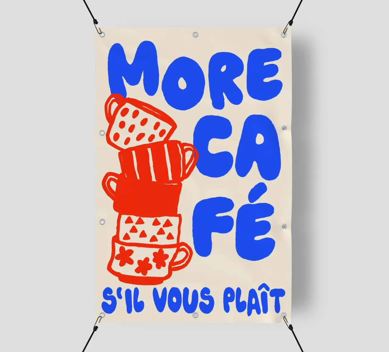More Café Poster - Illustrazione di una tazza di caffè con il francese telo in pvc da QuooodZ by MooodzArt