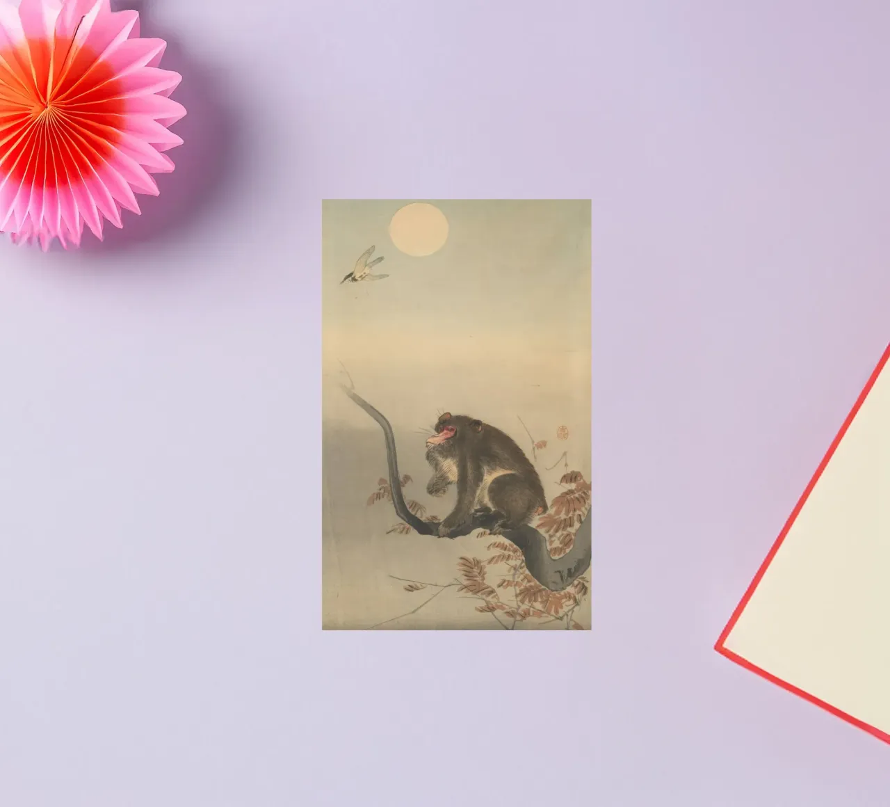 Koson Ohara, Monkey Siting on a Branch, Looking at a Bird sticker by Retrorise