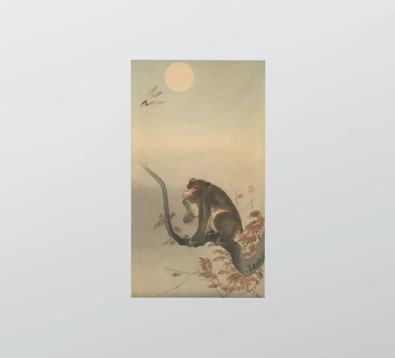 Koson Ohara, Monkey Siting on a Branch, Looking at a Bird sticker by Retrorise