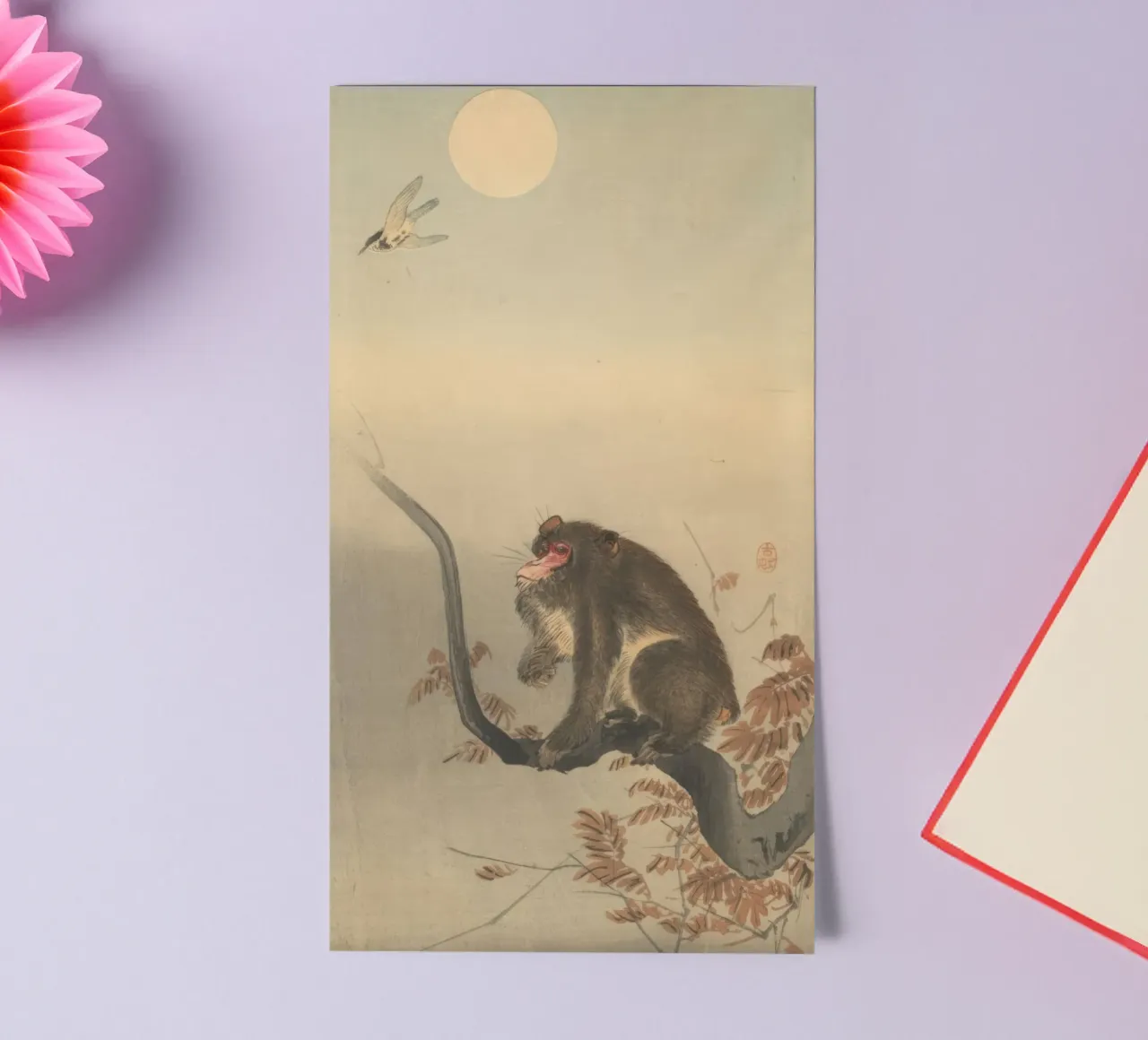 Koson Ohara, Monkey Siting on a Branch, Looking at a Bird sticker sheet by Retrorise
