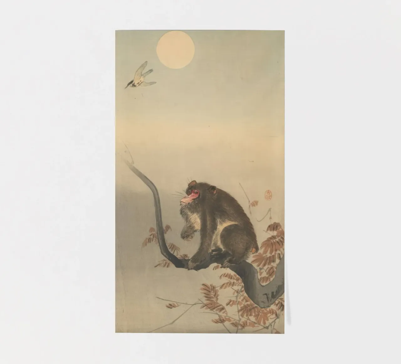 Koson Ohara, Monkey Siting on a Branch, Looking at a Bird sticker sheet by Retrorise