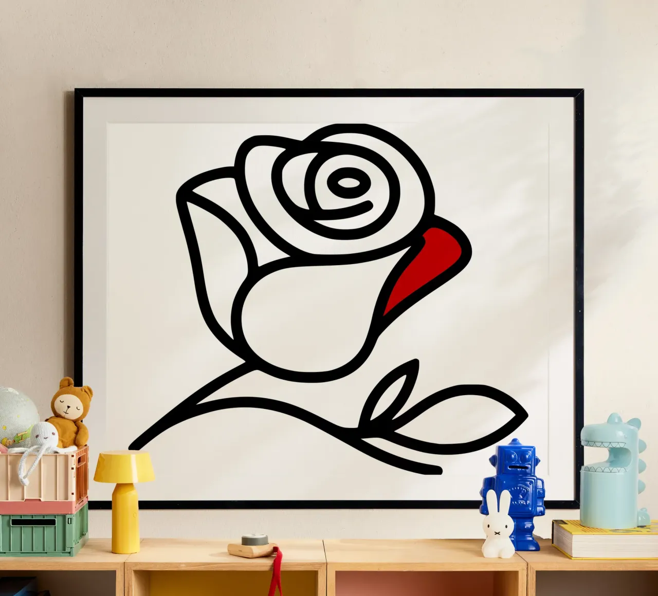 Minimalist reclining rose with a red leaf poster with aluminum frame by Bold & Simple