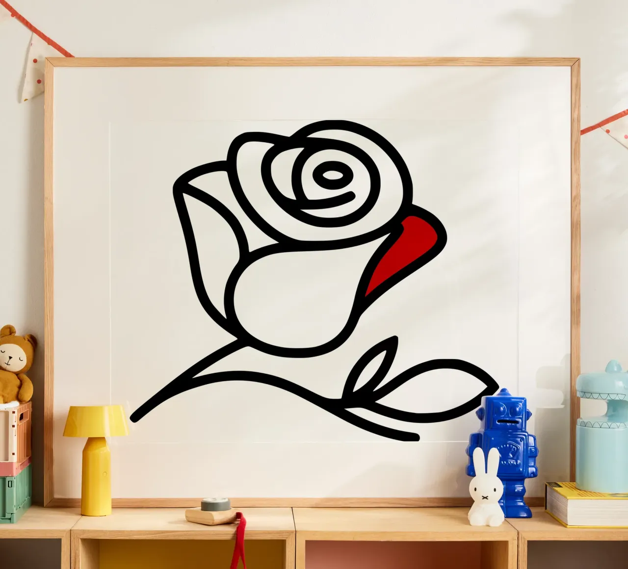 Minimalist reclining rose with a red leaf poster with aluminum frame by Bold & Simple