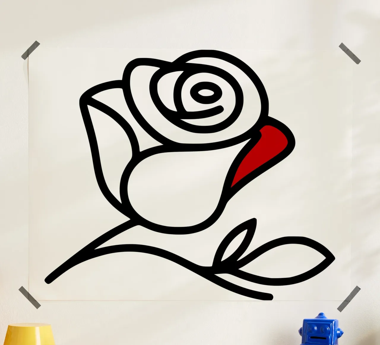 Minimalist reclining rose with a red leaf poster with aluminum frame by Bold & Simple