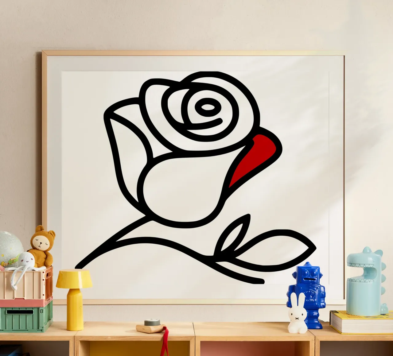Minimalist reclining rose with a red leaf poster with aluminum frame by Bold & Simple