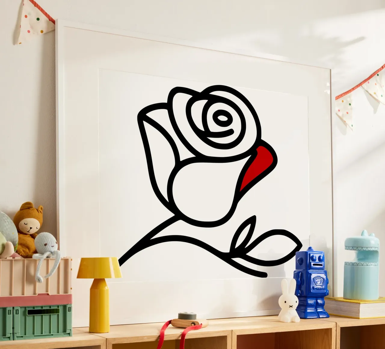 Minimalist reclining rose with a red leaf poster with aluminum frame by Bold & Simple