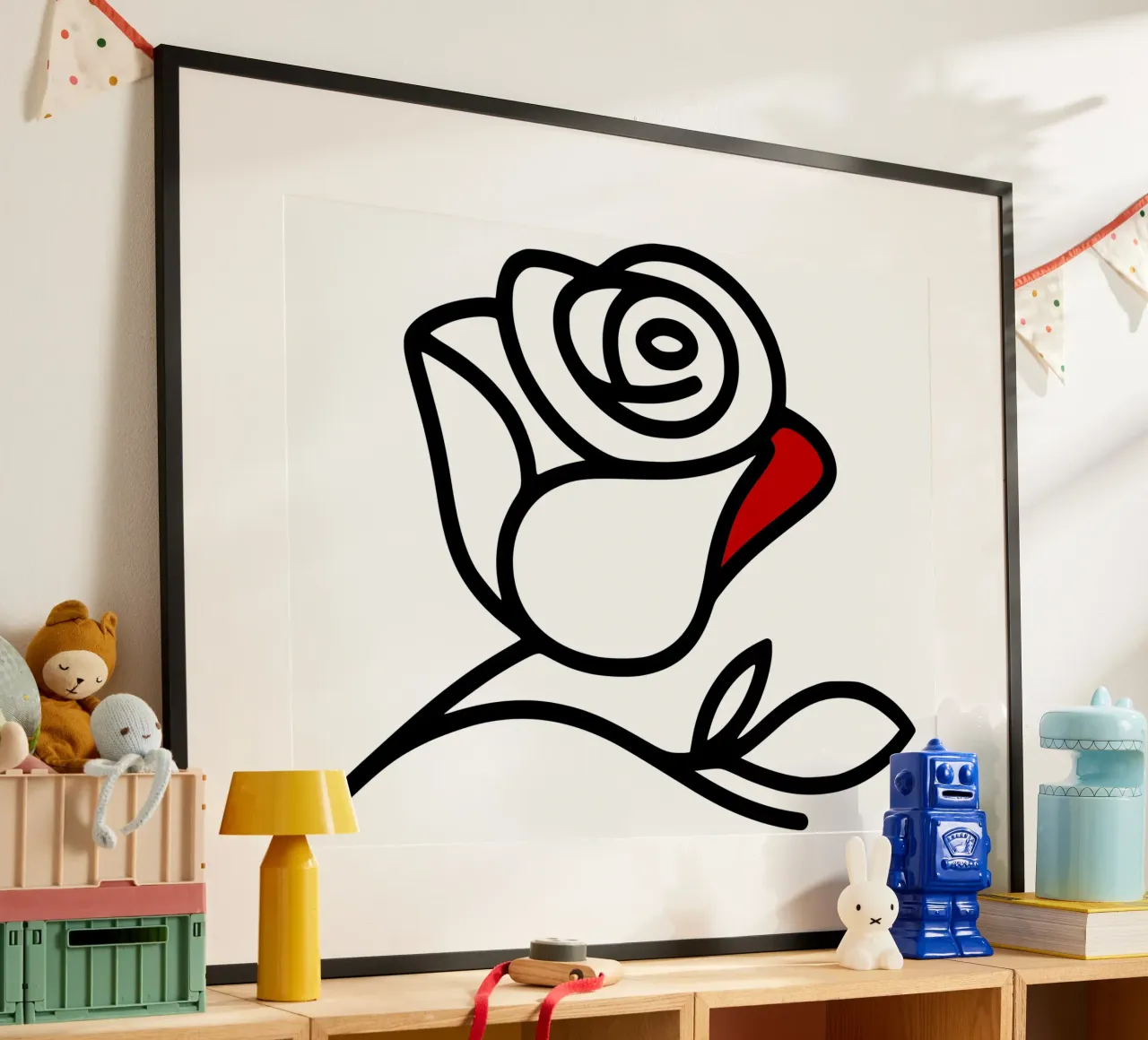 Minimalist reclining rose with a red leaf poster with aluminum frame by Bold & Simple