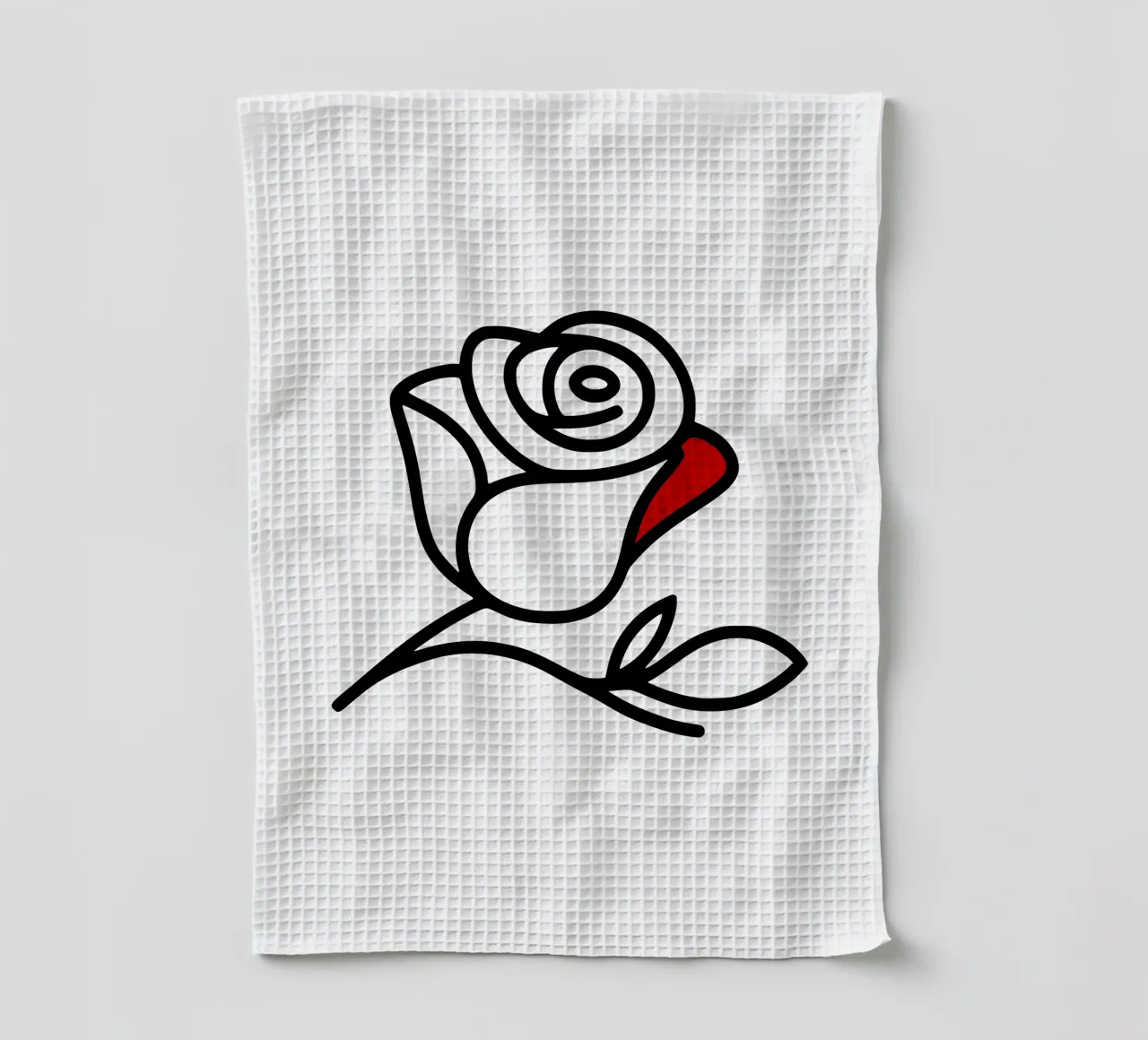 Minimalist reclining rose with a red leaf tea towel by Bold & Simple