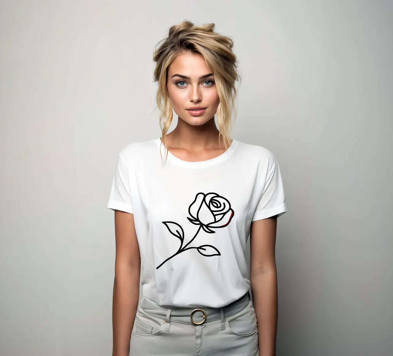 Minimalist reclining rose with a hint of red women's fitted t-shirt by Bold & Simple