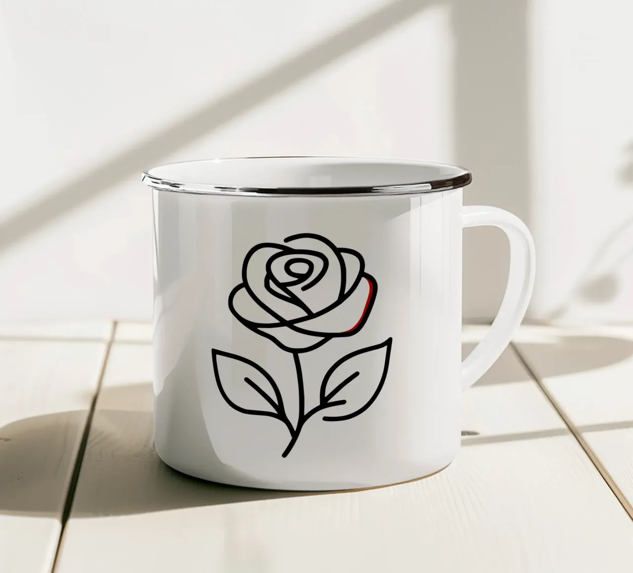 Rose, minimalist standing with a red colour hint enamel mug by Bold & Simple