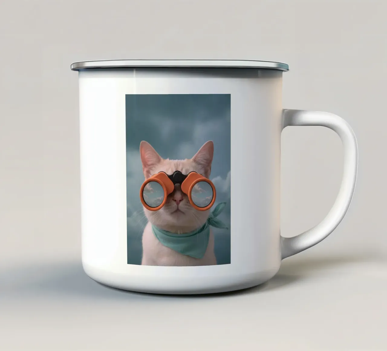 cat with binoculars tazza in smalto da feny