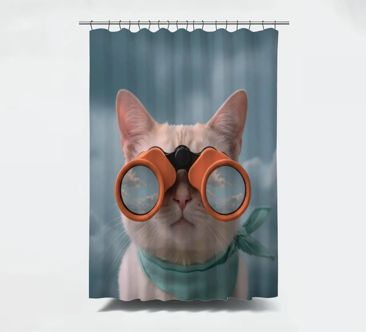 cat with binoculars tenda da doccia da feny