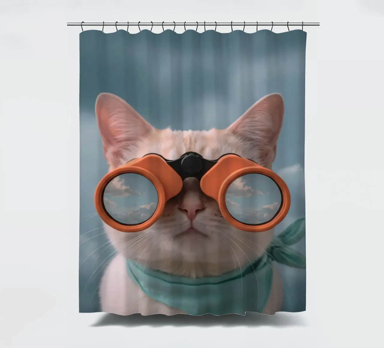cat with binoculars tenda da doccia da feny