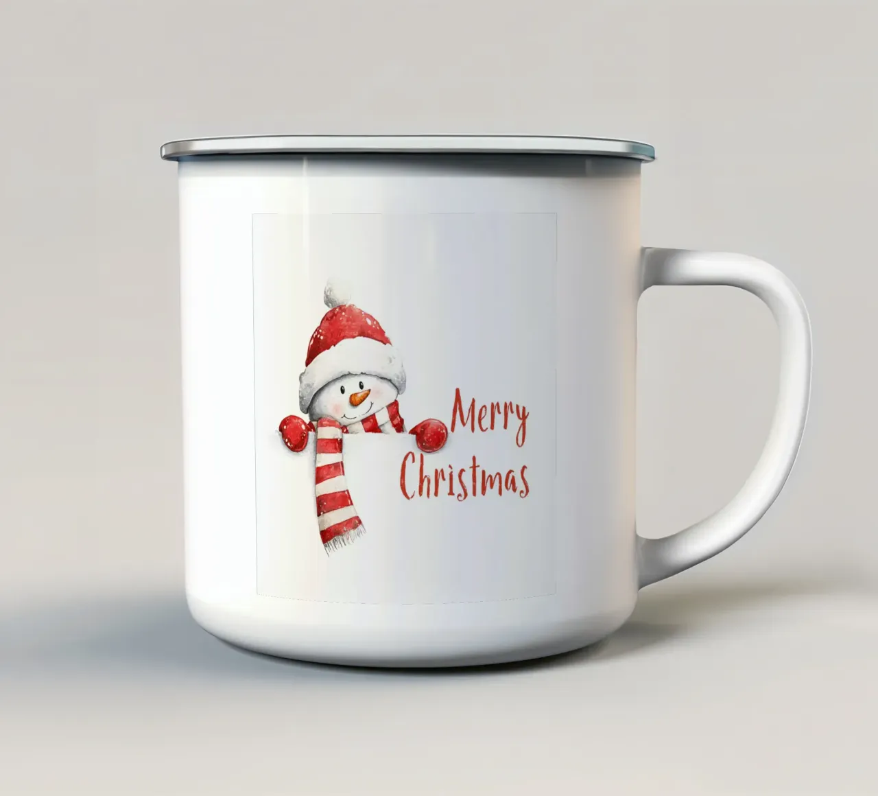 Felice pupazzo di neve con cappello rosso da Babbo Natale e sciarpa a righe per le vacanze di Natale tazza in smalto da Stilrausch