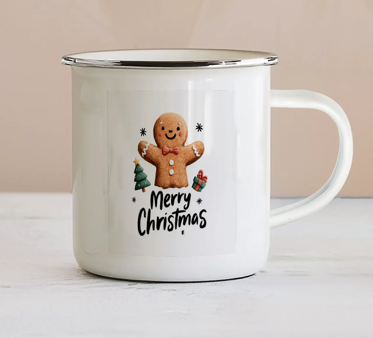 Omino di pan di zenzero sorridente con bottoni a forma di papillon e tre festivi tazza in smalto da Stilrausch