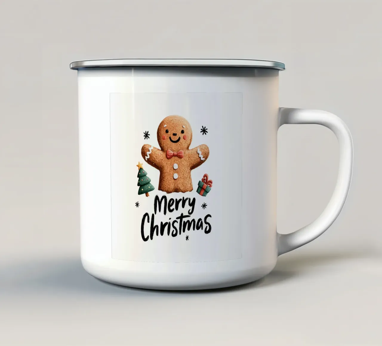 Omino di pan di zenzero sorridente con bottoni a forma di papillon e tre festivi tazza in smalto da Stilrausch