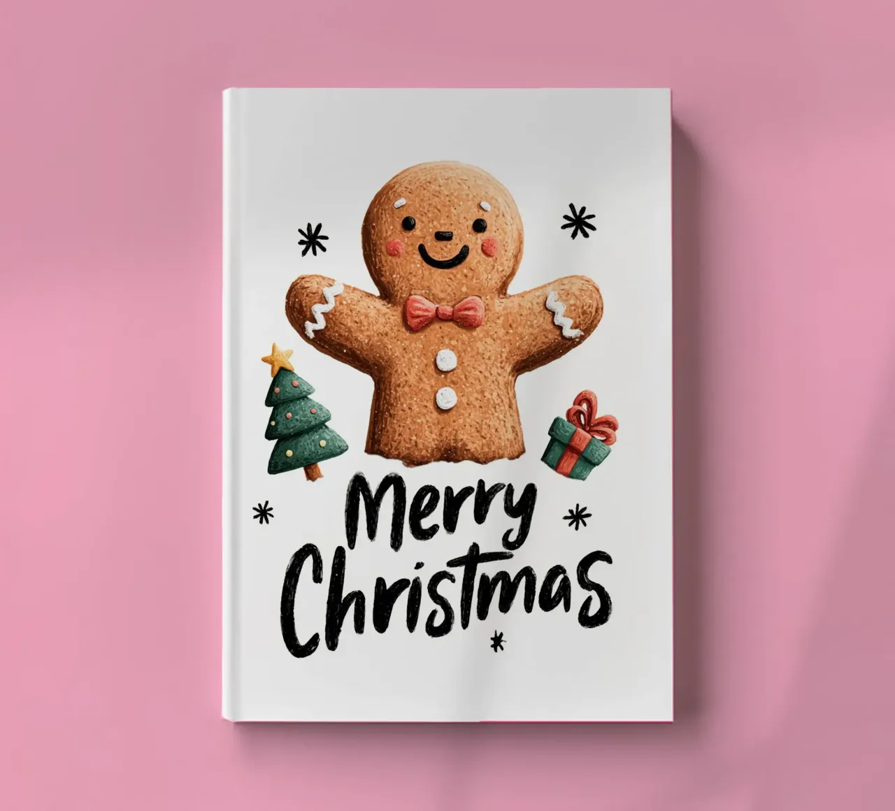 Smiling gingerbread man with bow tie buttons and festive tre notebook by Stilrausch