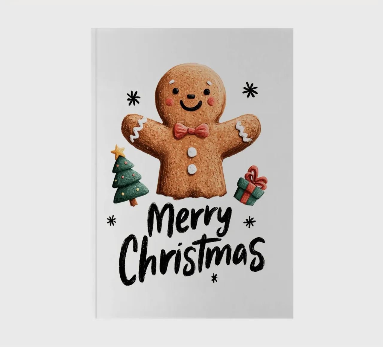 Smiling gingerbread man with bow tie buttons and festive tre notebook by Stilrausch