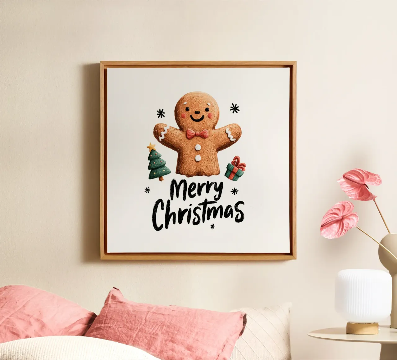 Smiling gingerbread man with bow tie buttons and festive tre canvas by Stilrausch