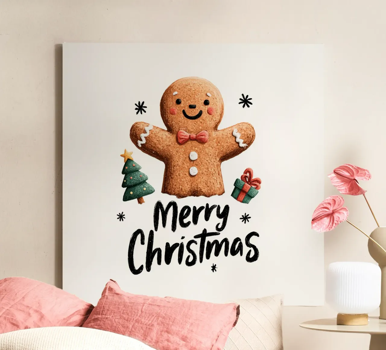 Smiling gingerbread man with bow tie buttons and festive tre canvas by Stilrausch