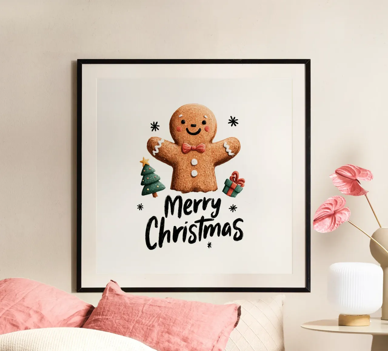 Smiling gingerbread man with bow tie buttons and festive tre hahnemühle by Stilrausch