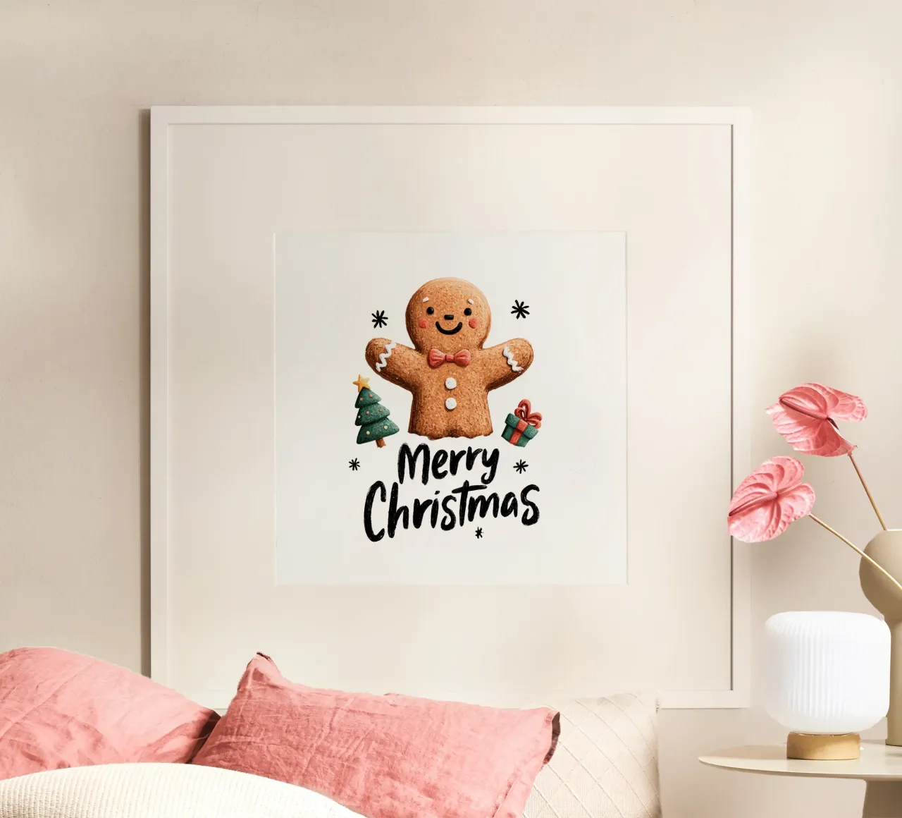 Smiling gingerbread man with bow tie buttons and festive tre hahnemühle by Stilrausch
