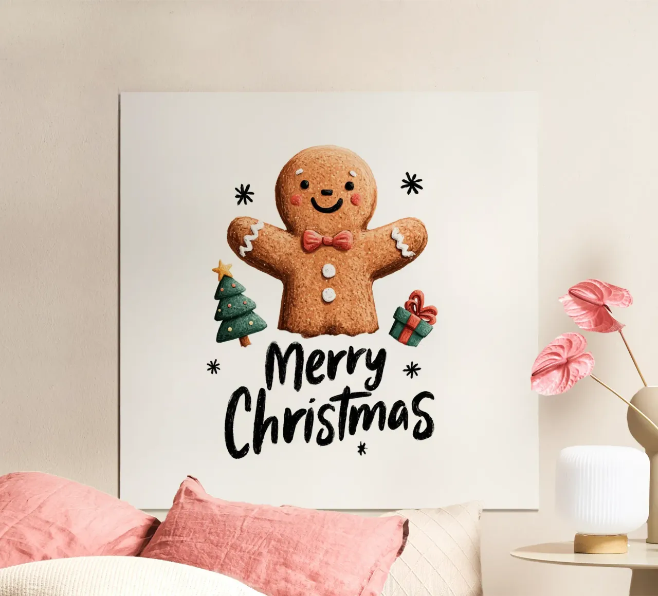 Smiling gingerbread man with bow tie buttons and festive tre hahnemühle by Stilrausch