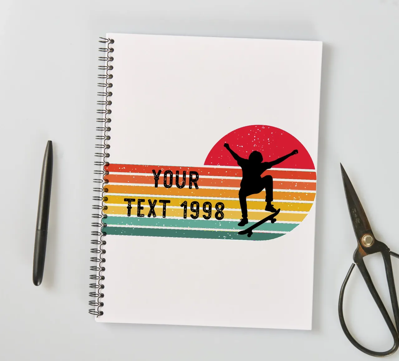 Retro Skateboard - Personalize with your Text and Year spiral notebook by studiovinja
